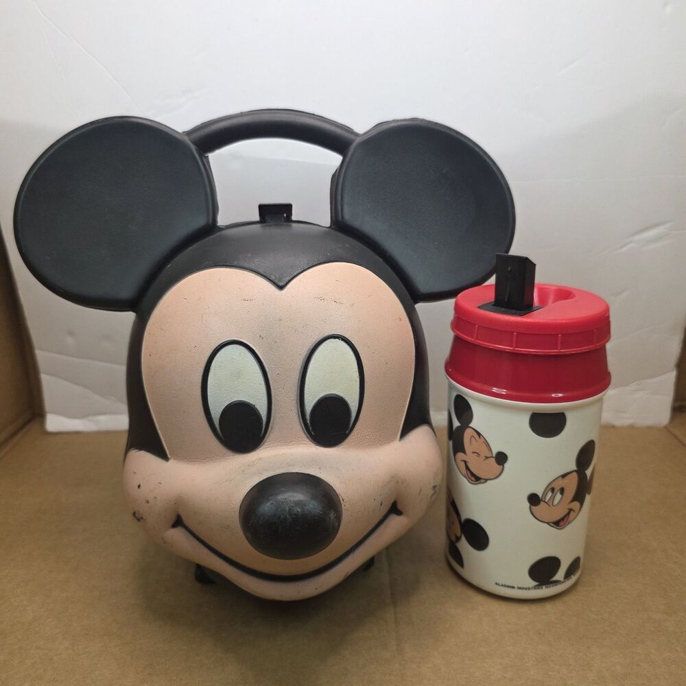 VTG 1989 Disney Mickey Mouse Head Lunch Box Kit Aladdin Thermos USA